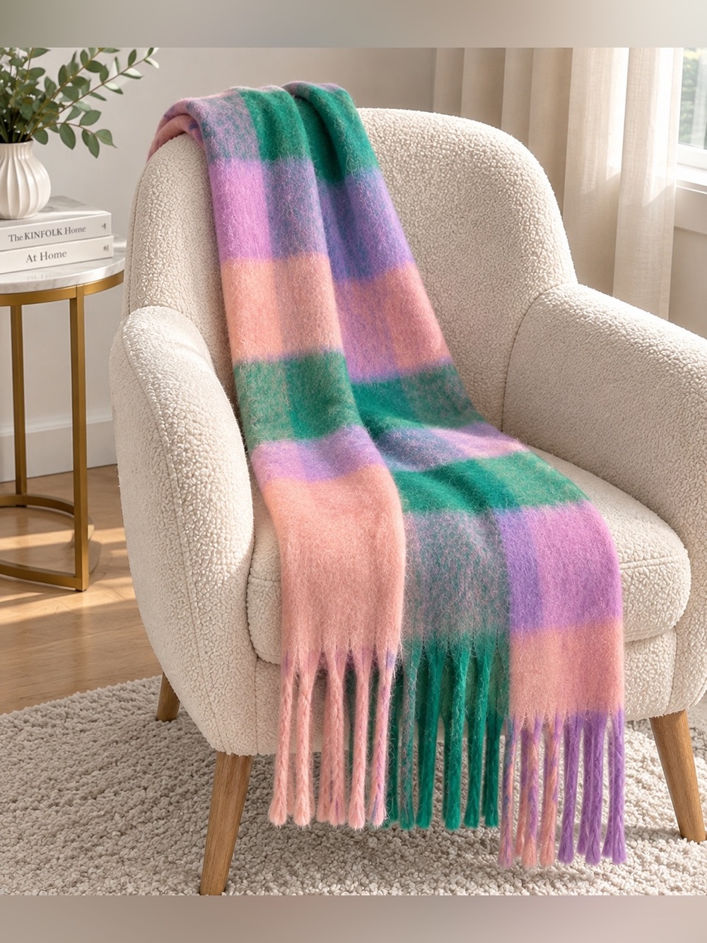 Mohair Scarf Pastel Rainbow Pink Purple Green – Soft Cozy Oversized Fringe Wrap